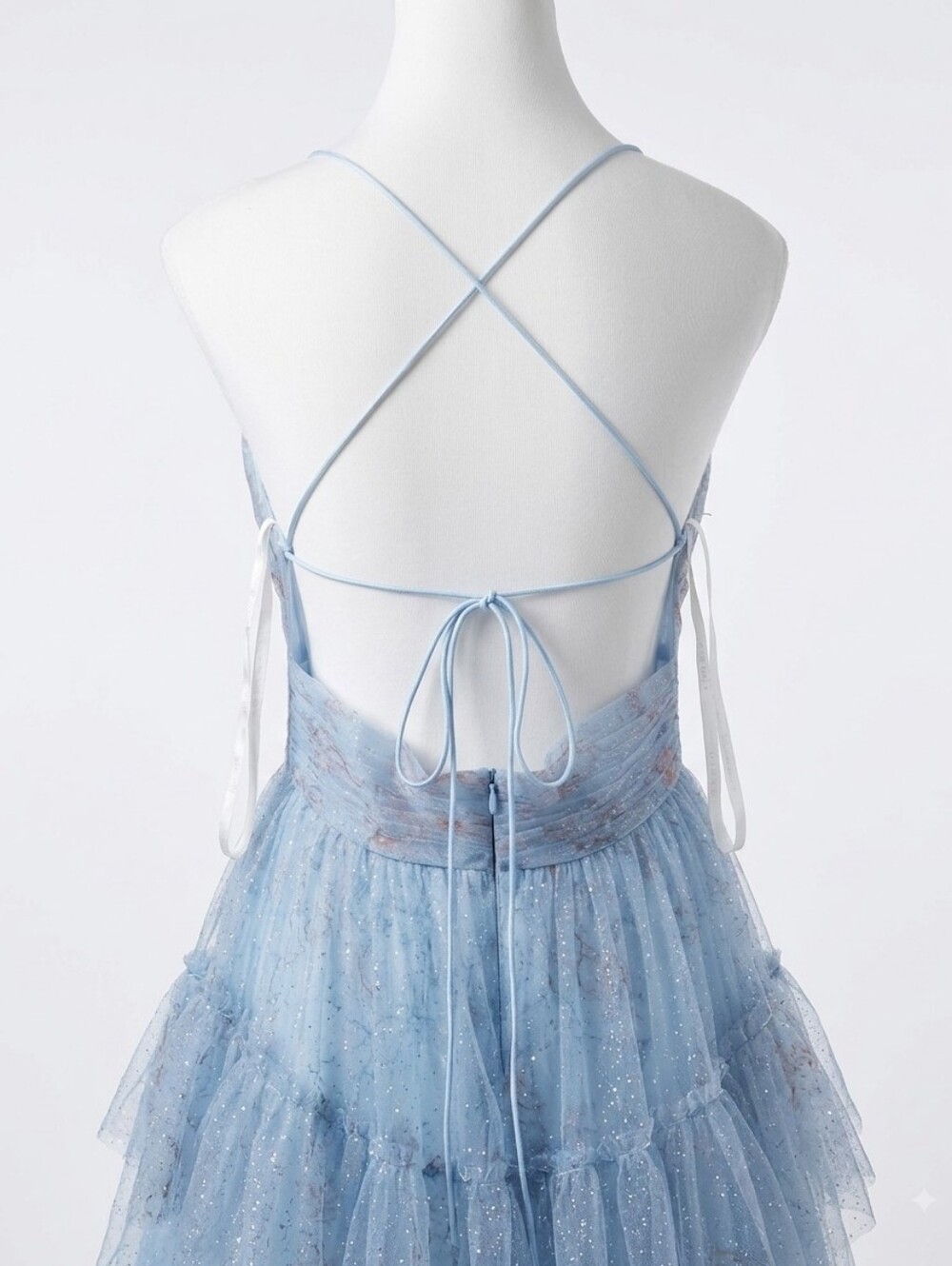 Jovani Dusty Blue Floral Sparkle Spaghetti-Strap Gown - Picture 4 of 11